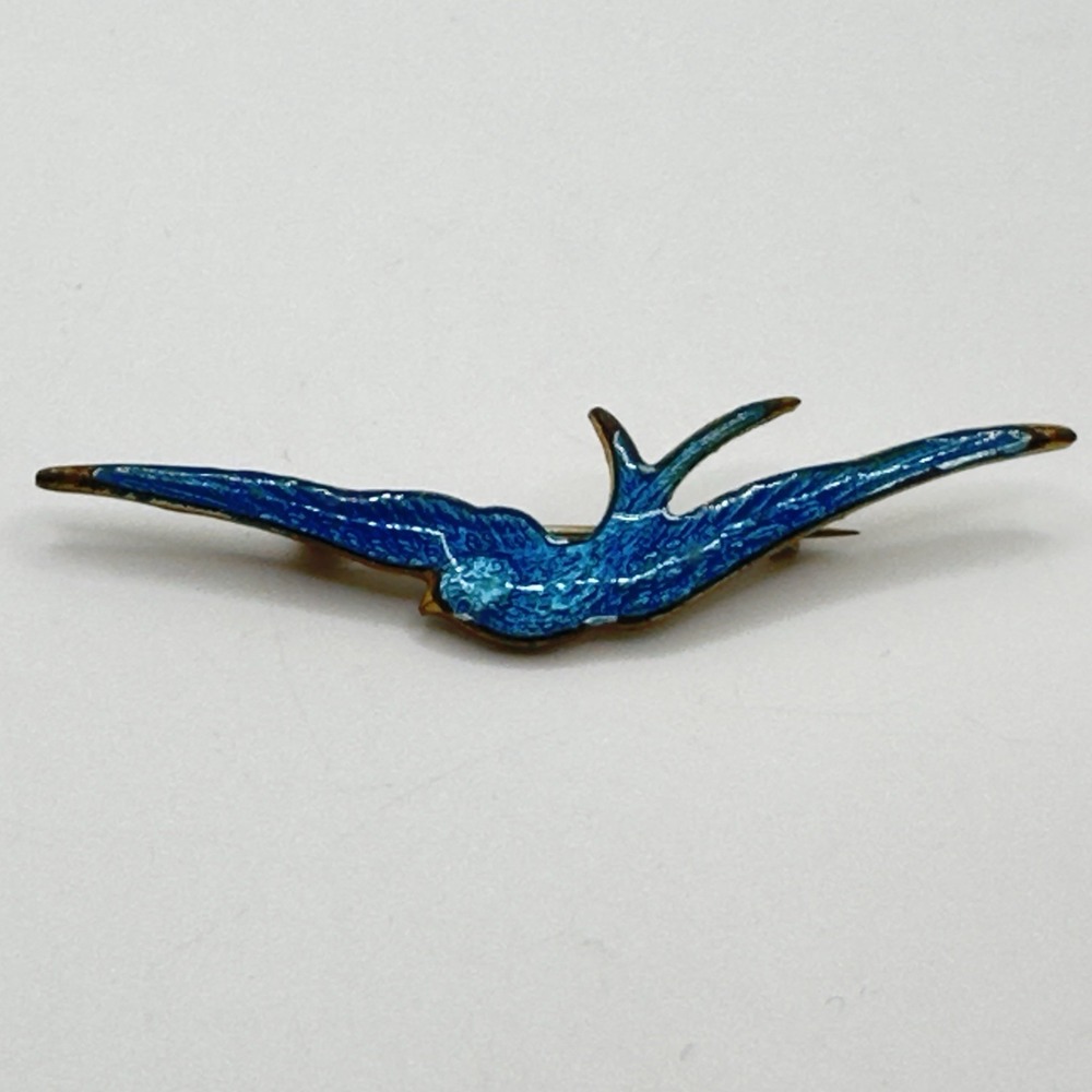 Antique Victorian Bluebird Swallow Pin Brooch Guilloche Enameled 2.5" - Picture 2 of 10